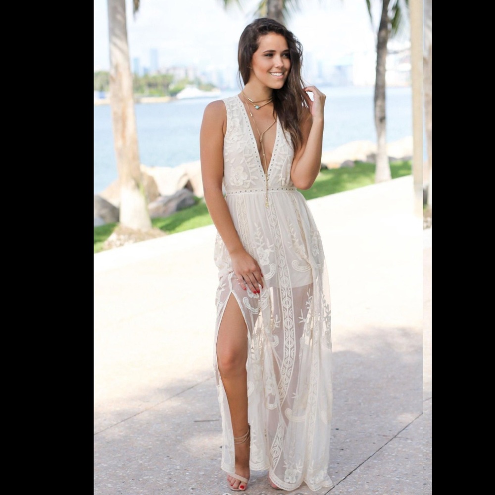 Tan Lace Maxi Romper